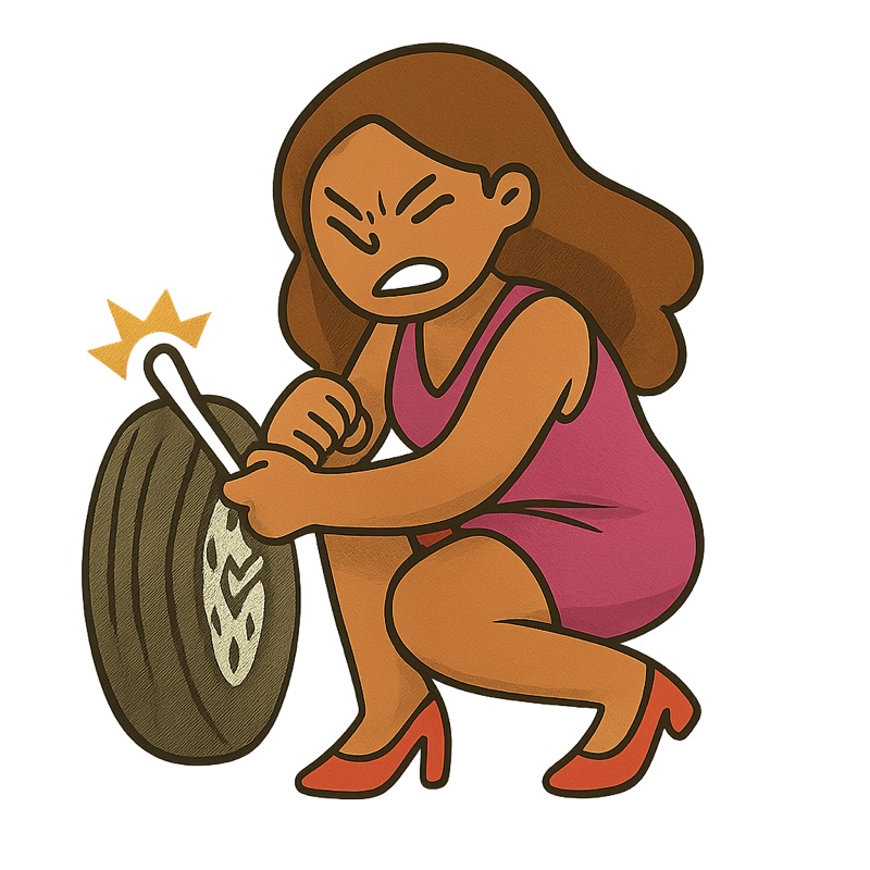 Crash Out Diary · illustration of a frustrated woman changing a tire