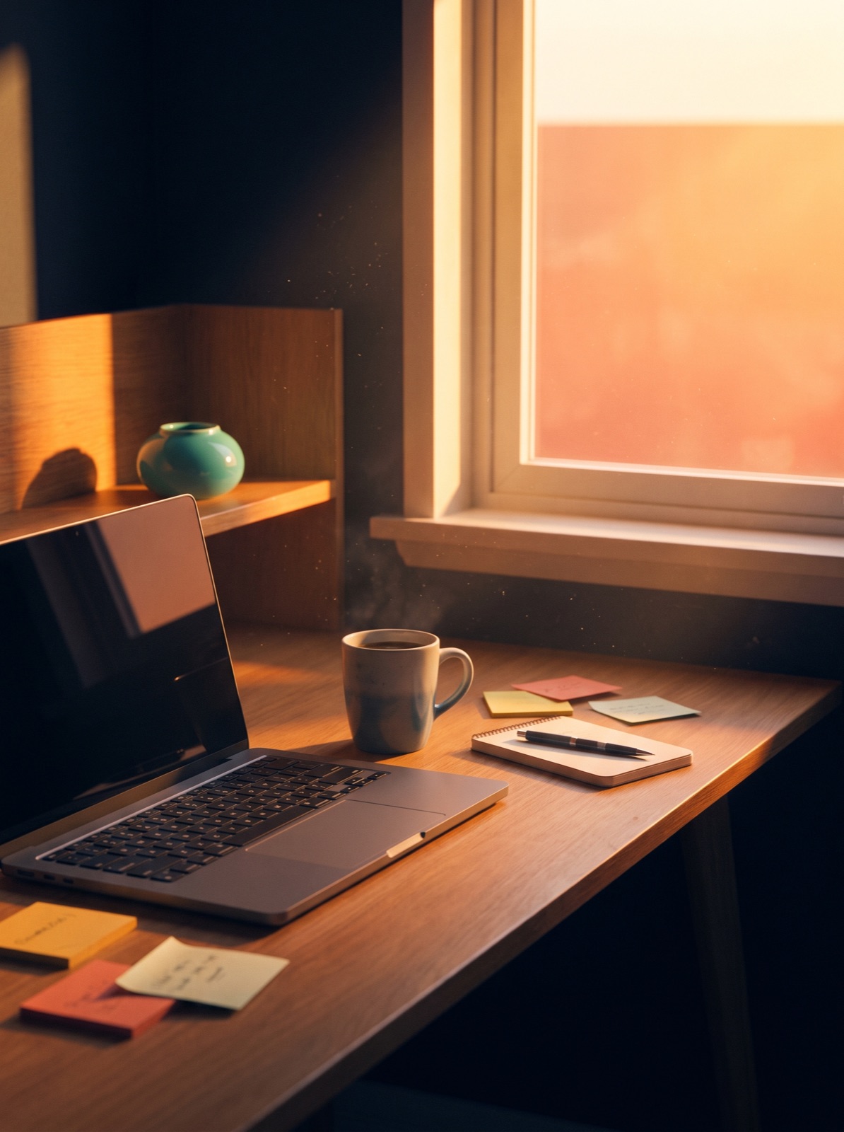 A desk at golden hour — the laptop finally dark, coffee cooling, morning light pouring through the window