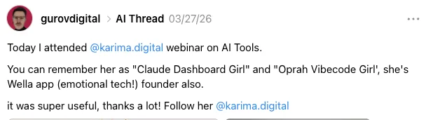 Threads post from gurovdigital: Today I attended the karima.digital webinar on AI Tools. It was super useful, thanks a lot