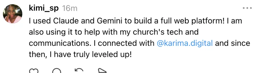 Post from kimi_sp: I used Claude and Gemini to build a full web platform. I connected with karima.digital and since then, I have truly leveled up