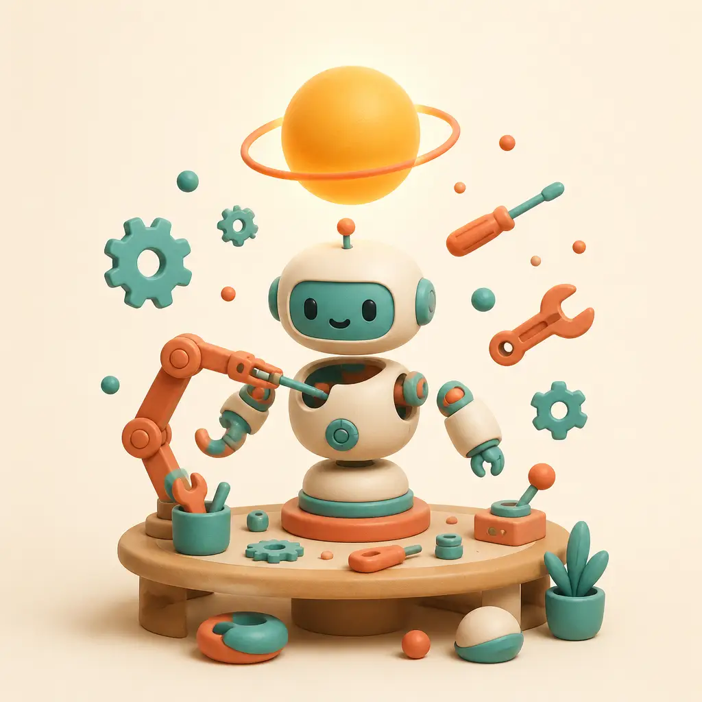 Illustration of an AI employee being assembled at a workbench