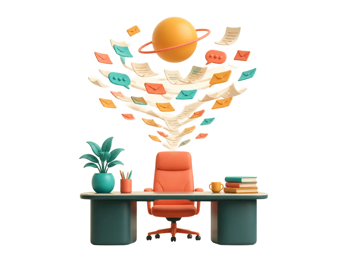 Illustration of a desk buried under a funnel of incoming email and paperwork