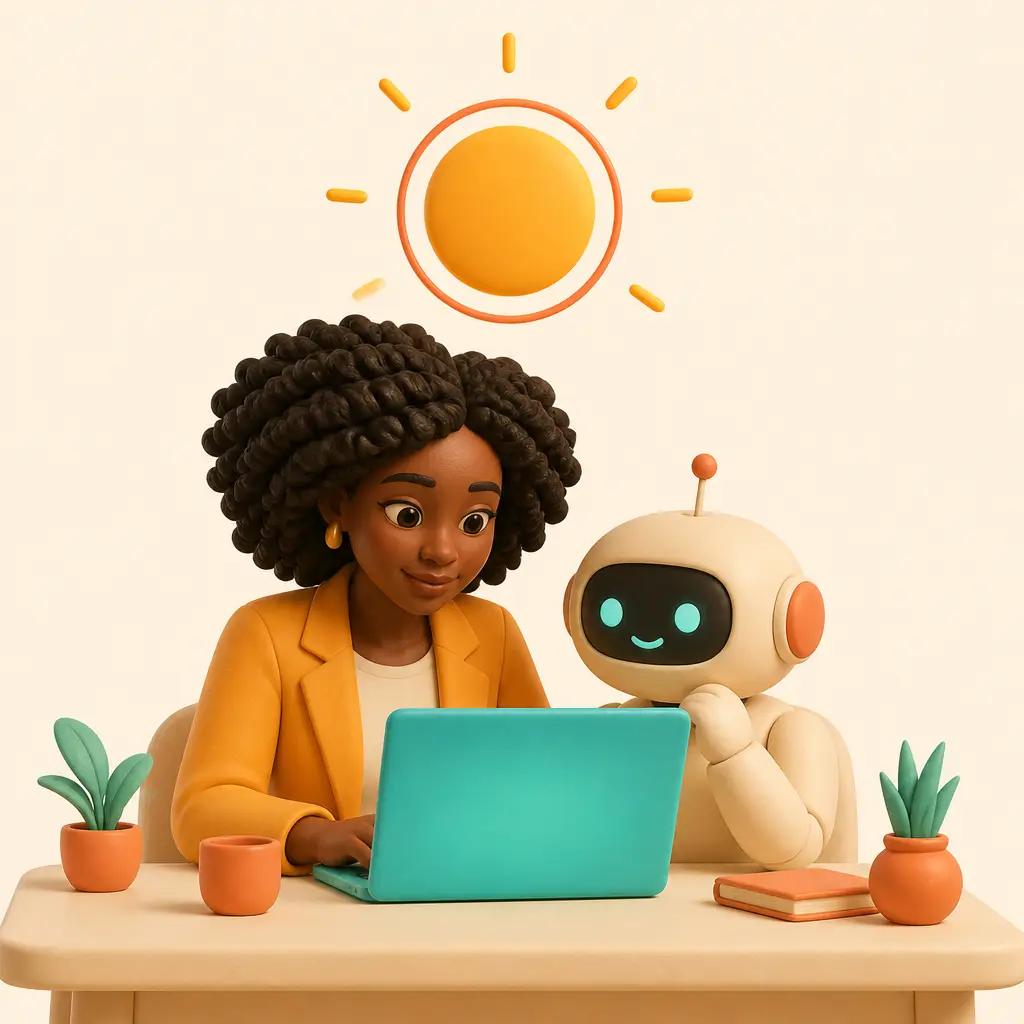 Illustration of a founder working at her laptop beside her AI employee